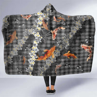 Black Palaka Hawaiian And Japanese Hooded Blanket Sakura Lei With Koi Fish DT05 One Size Black - Polynesian Pride