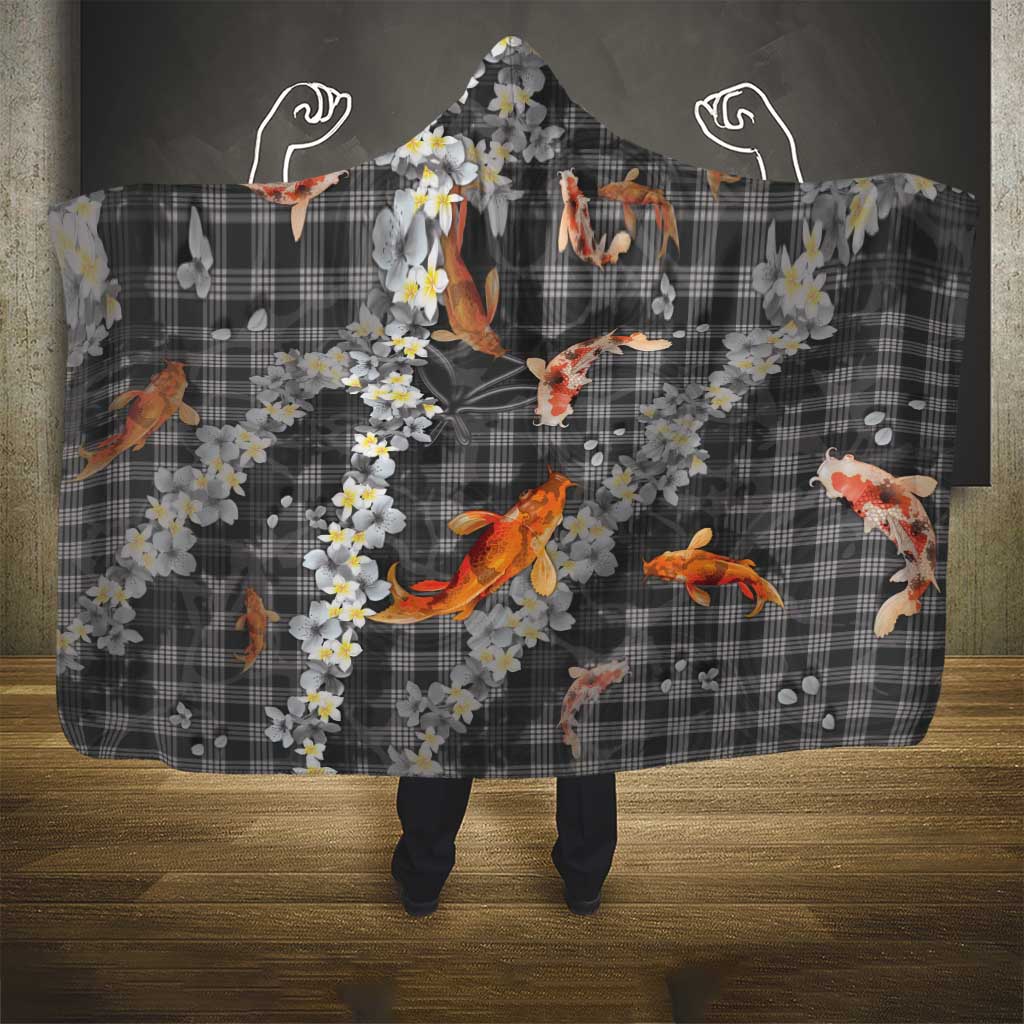 Black Palaka Hawaiian And Japanese Hooded Blanket Sakura Lei With Koi Fish DT05 - Polynesian Pride