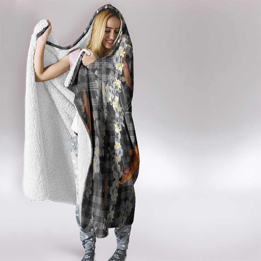 Black Palaka Hawaiian And Japanese Hooded Blanket Sakura Lei With Koi Fish DT05 - Polynesian Pride