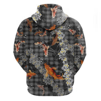 Black Palaka Hawaiian And Japanese Hoodie Sakura Lei With Koi Fish - Polynesian Pride