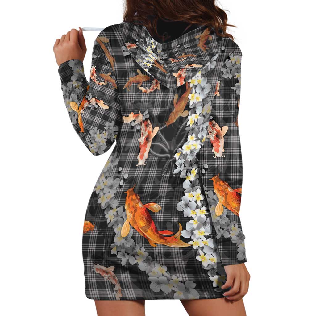Black Palaka Hawaiian And Japanese Hoodie Dress Sakura Lei With Koi Fish - Polynesian Pride