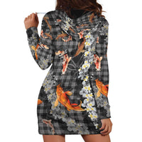 Black Palaka Hawaiian And Japanese Hoodie Dress Sakura Lei With Koi Fish - Polynesian Pride
