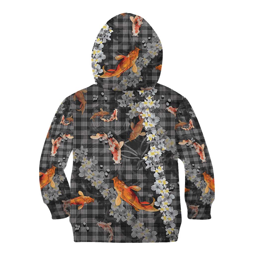 Black Palaka Hawaiian And Japanese Kid Hoodie Sakura Lei With Koi Fish - Polynesian Pride
