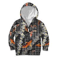 Black Palaka Hawaiian And Japanese Kid Hoodie Sakura Lei With Koi Fish - Polynesian Pride