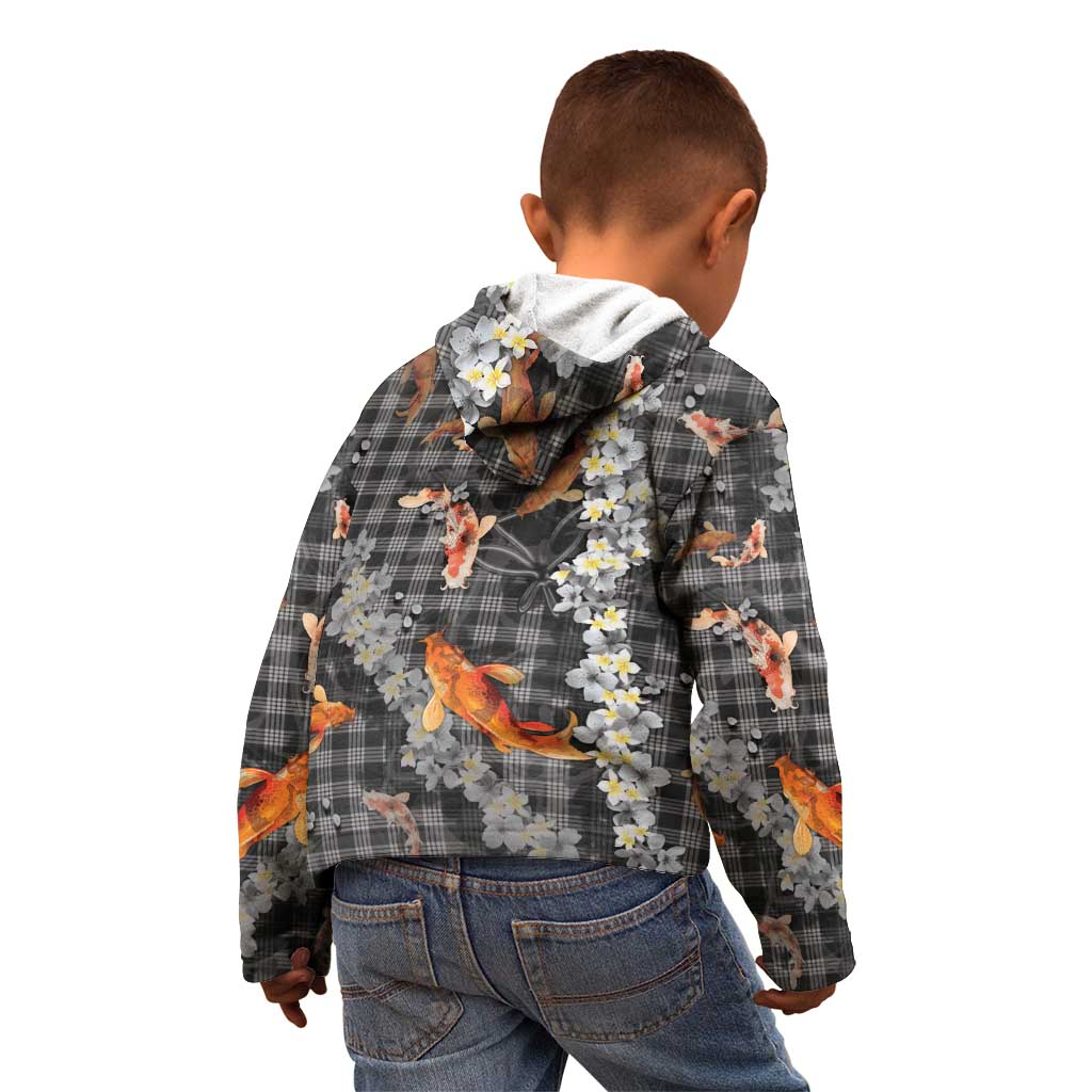 Black Palaka Hawaiian And Japanese Kid Hoodie Sakura Lei With Koi Fish - Polynesian Pride