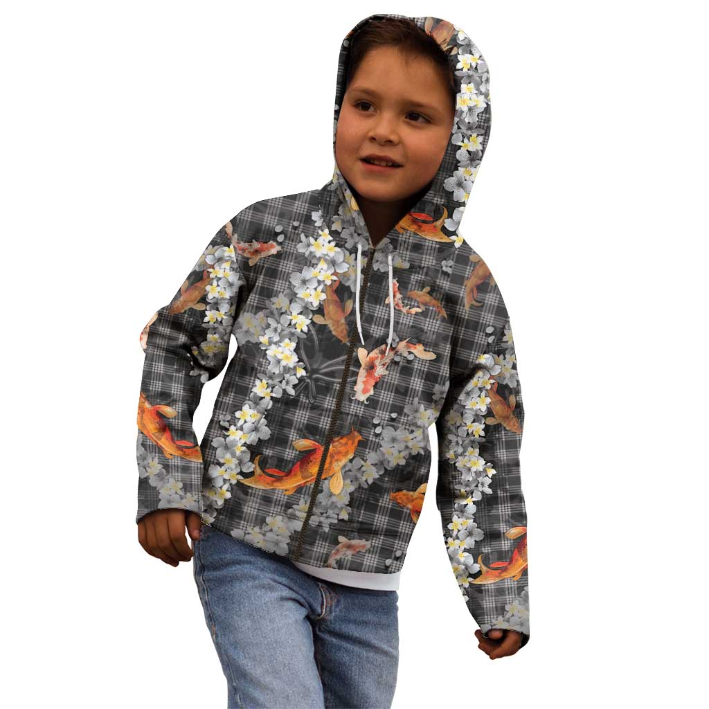 Black Palaka Hawaiian And Japanese Kid Hoodie Sakura Lei With Koi Fish - Polynesian Pride