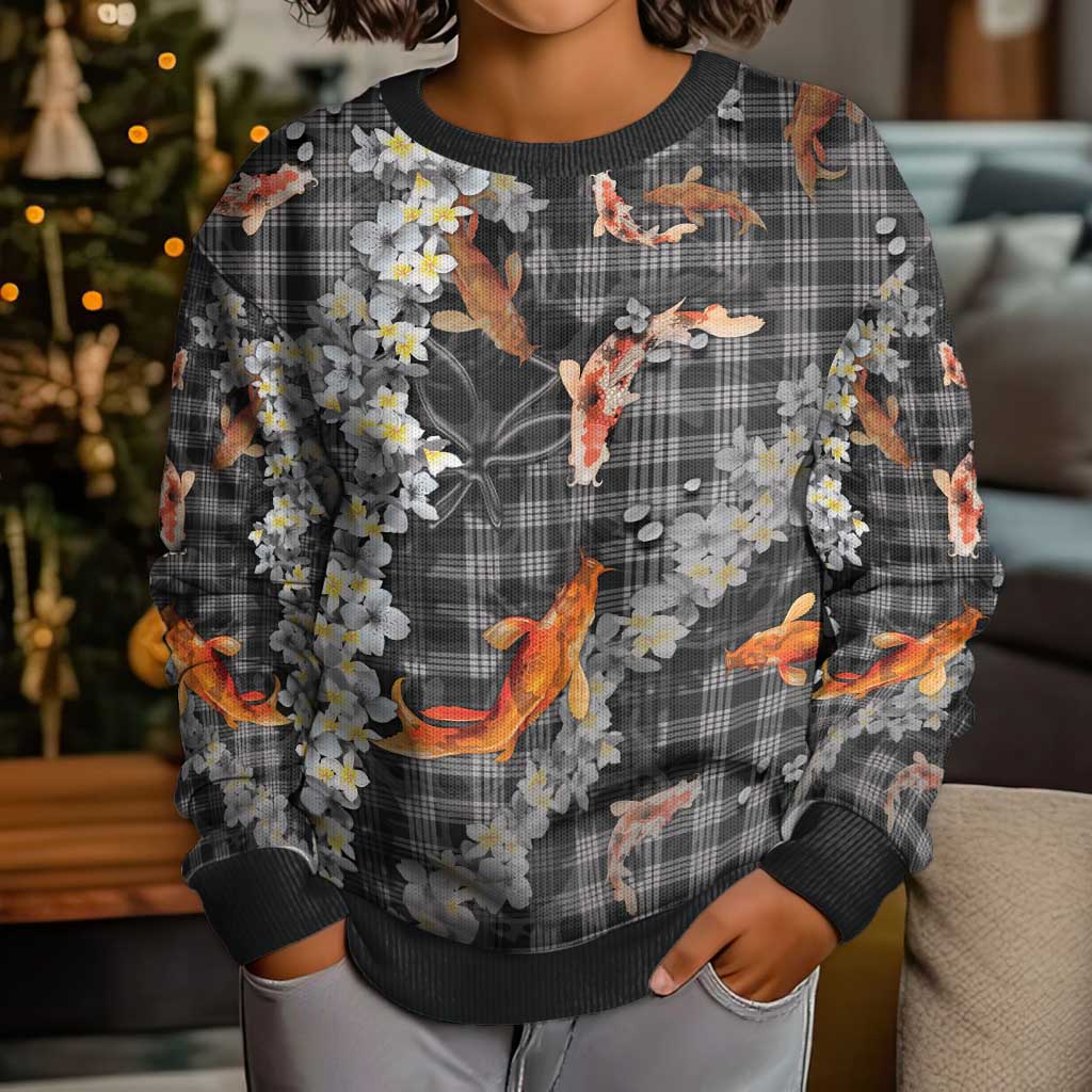 Black Palaka Hawaiian And Japanese Kid Ugly Christmas Sweater Sakura Lei With Koi Fish - Polynesian Pride