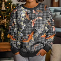 Black Palaka Hawaiian And Japanese Kid Ugly Christmas Sweater Sakura Lei With Koi Fish - Polynesian Pride