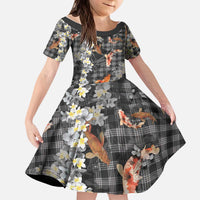 Black Palaka Hawaiian And Japanese Kid Short Sleeve Dress Sakura Lei With Koi Fish - Polynesian Pride
