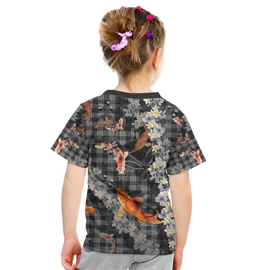 Black Palaka Hawaiian And Japanese Kid T Shirt Sakura Lei With Koi Fish - Polynesian Pride