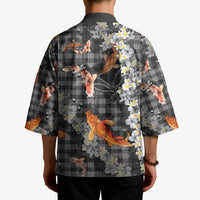 Black Palaka Hawaiian And Japanese Kimono Sakura Lei With Koi Fish - Polynesian Pride