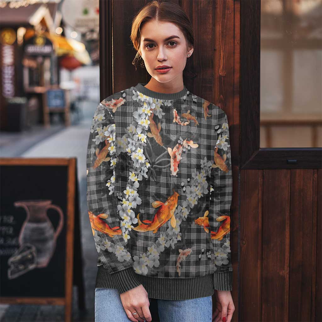 Black Palaka Hawaiian And Japanese Ugly Christmas Sweater Sakura Lei With Koi Fish - Polynesian Pride