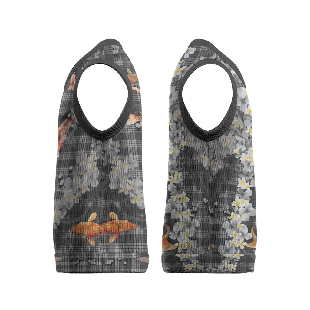 Black Palaka Hawaiian And Japanese Christmas Knitted V-Neck Vest Sakura Lei With Koi Fish - Polynesian Pride