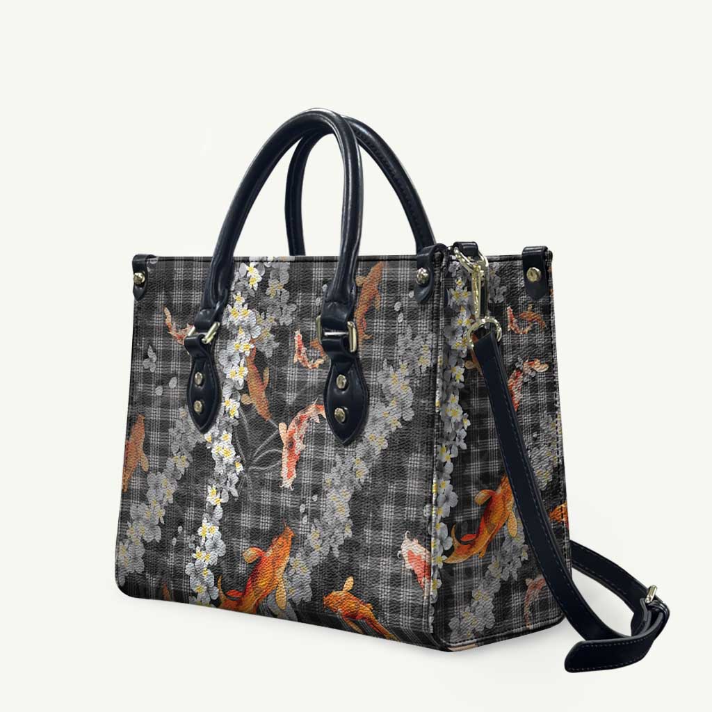 Black Palaka Hawaiian And Japanese Leather Bag Sakura Lei With Koi Fish DT05 Black - Polynesian Pride