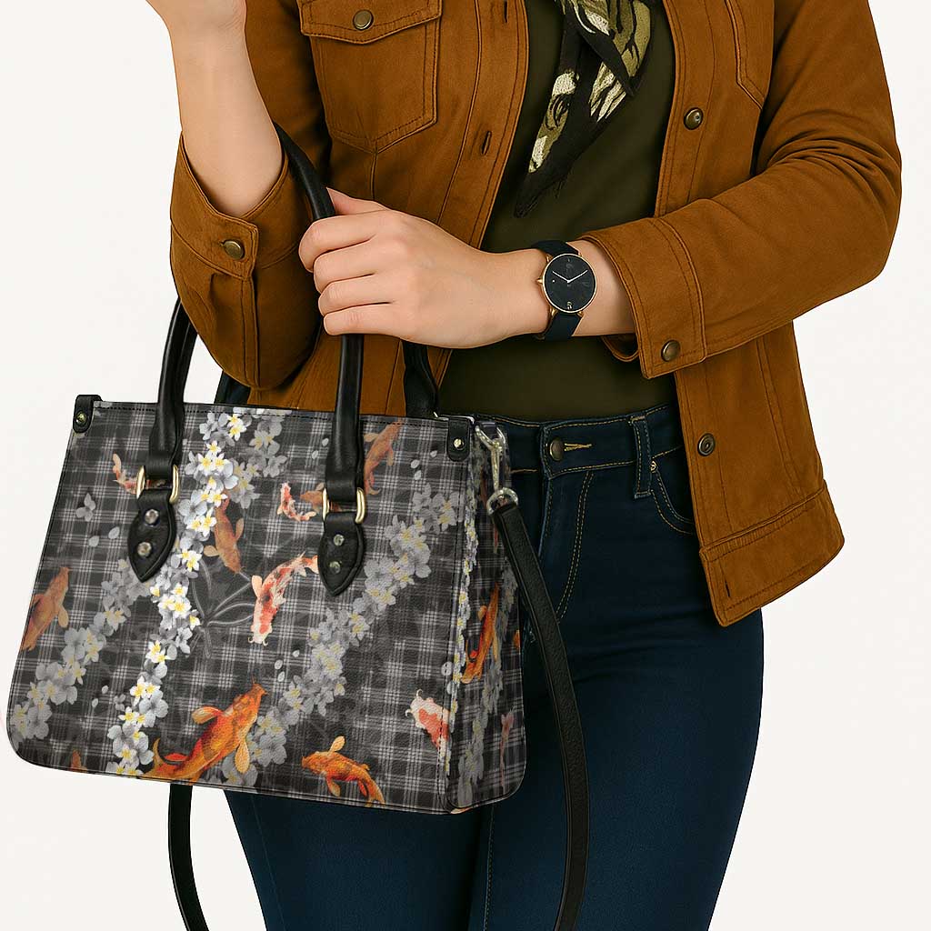 Black Palaka Hawaiian And Japanese Leather Bag Sakura Lei With Koi Fish DT05 - Polynesian Pride