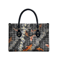 Black Palaka Hawaiian And Japanese Leather Bag Sakura Lei With Koi Fish DT05 - Polynesian Pride