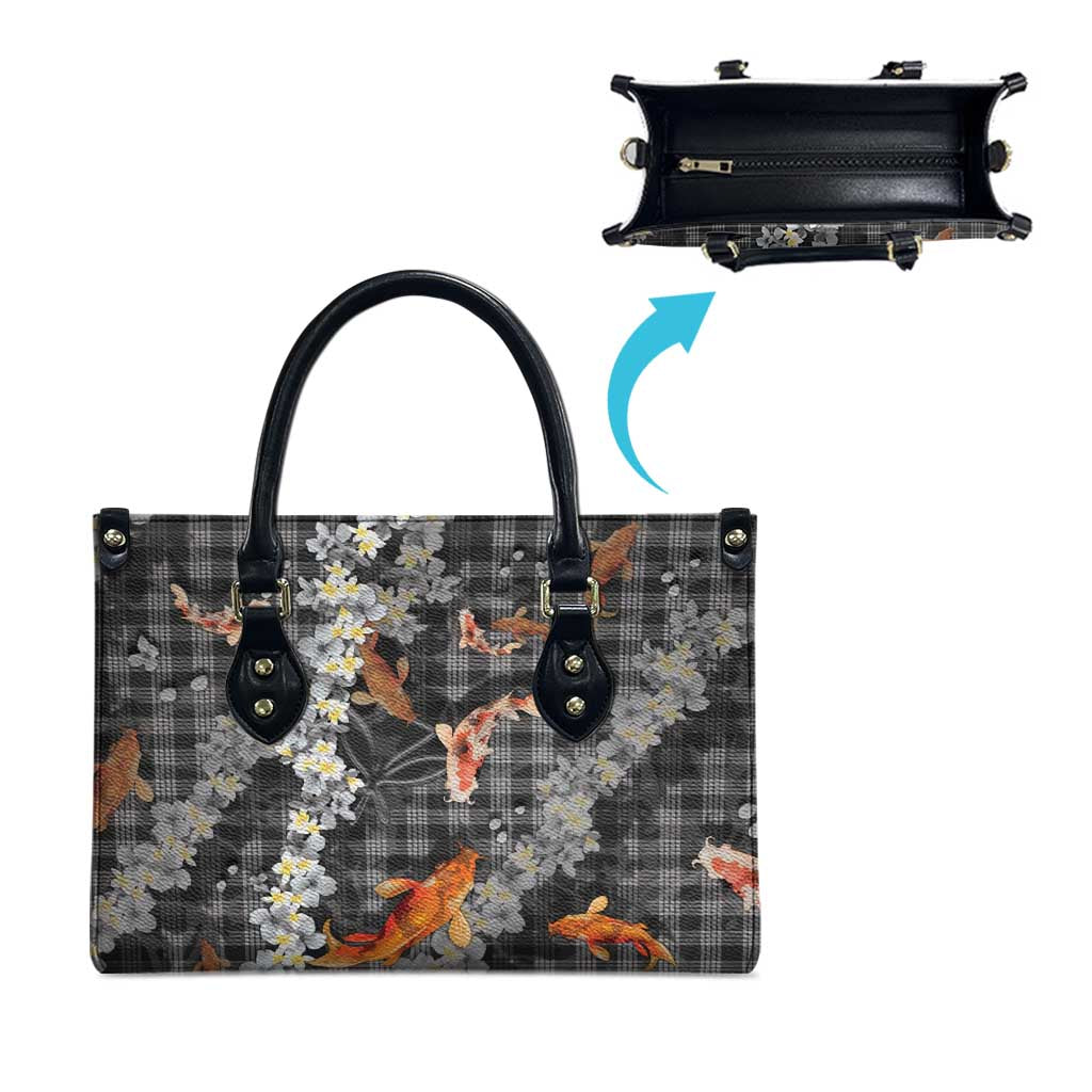 Black Palaka Hawaiian And Japanese Leather Bag Sakura Lei With Koi Fish DT05 - Polynesian Pride