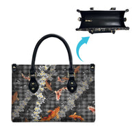 Black Palaka Hawaiian And Japanese Leather Bag Sakura Lei With Koi Fish DT05 - Polynesian Pride