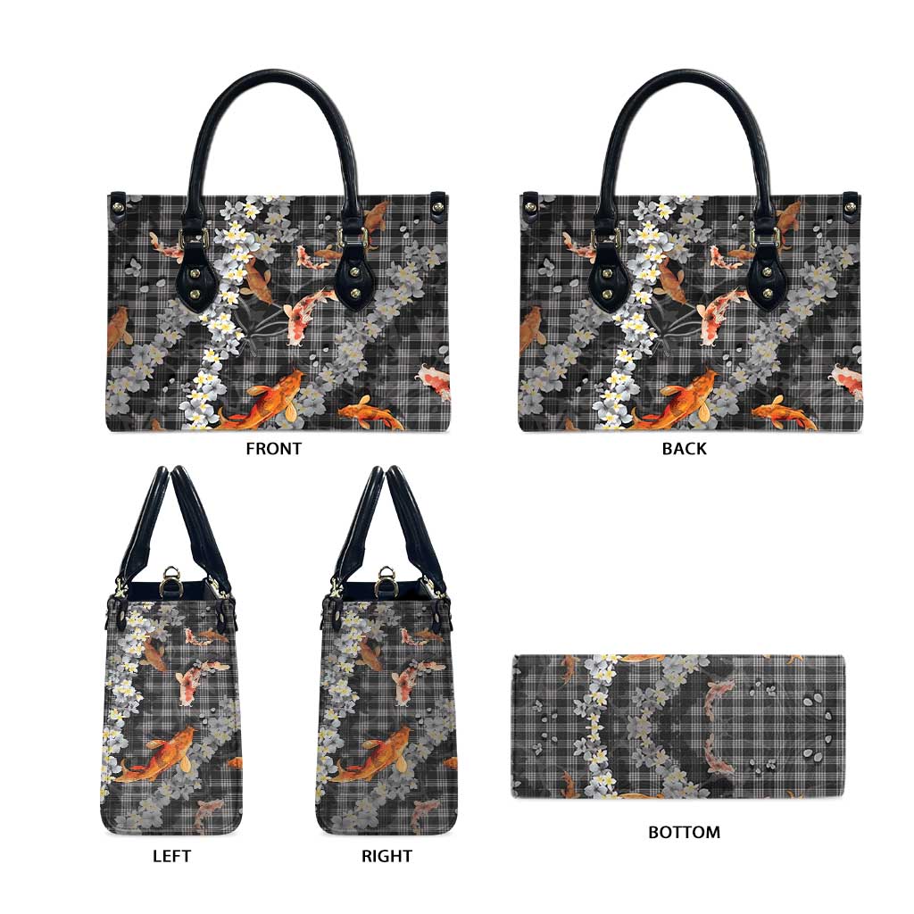 Black Palaka Hawaiian And Japanese Leather Bag Sakura Lei With Koi Fish DT05 - Polynesian Pride