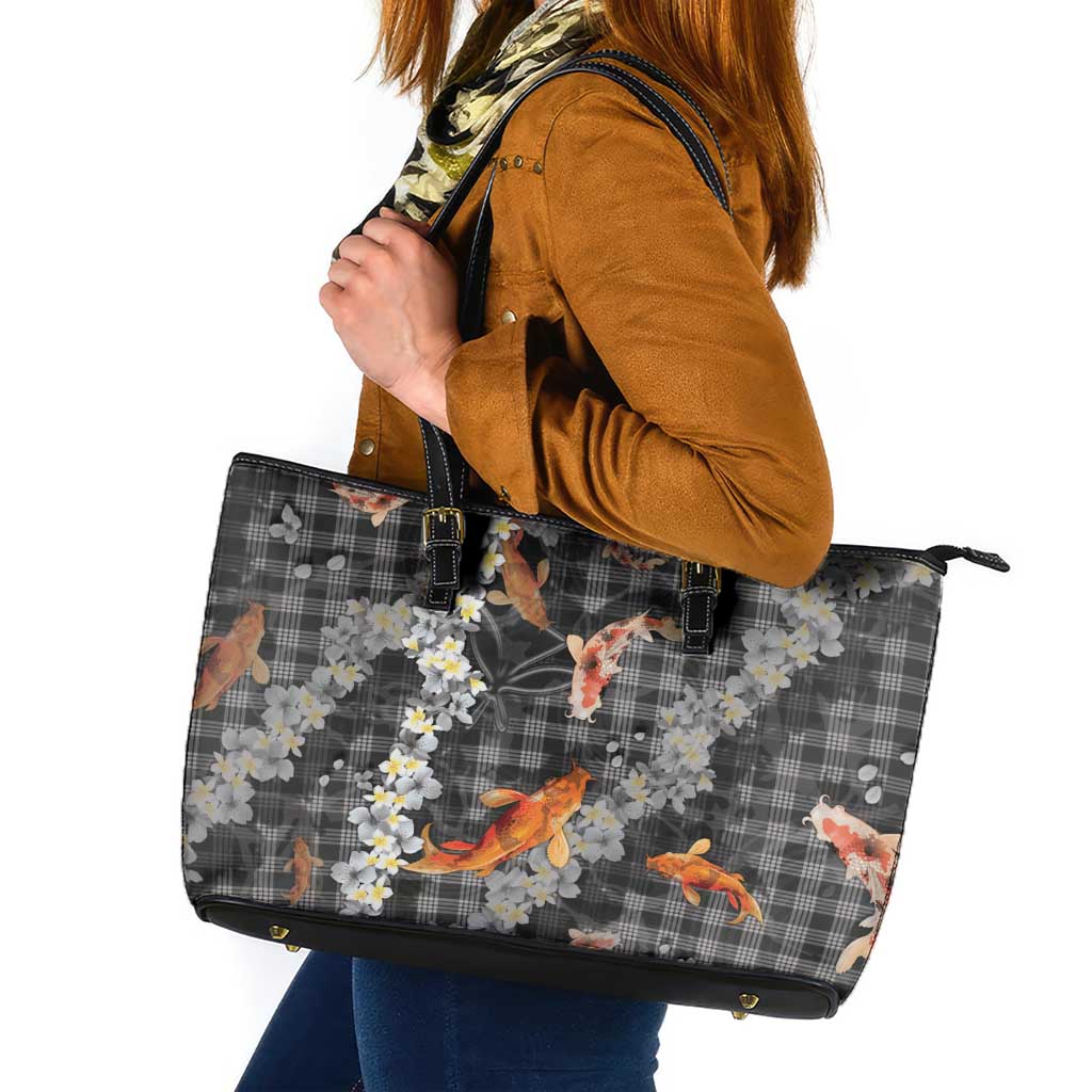 Black Palaka Hawaiian And Japanese Leather Tote Bag Sakura Lei With Koi Fish DT05 Black - Polynesian Pride