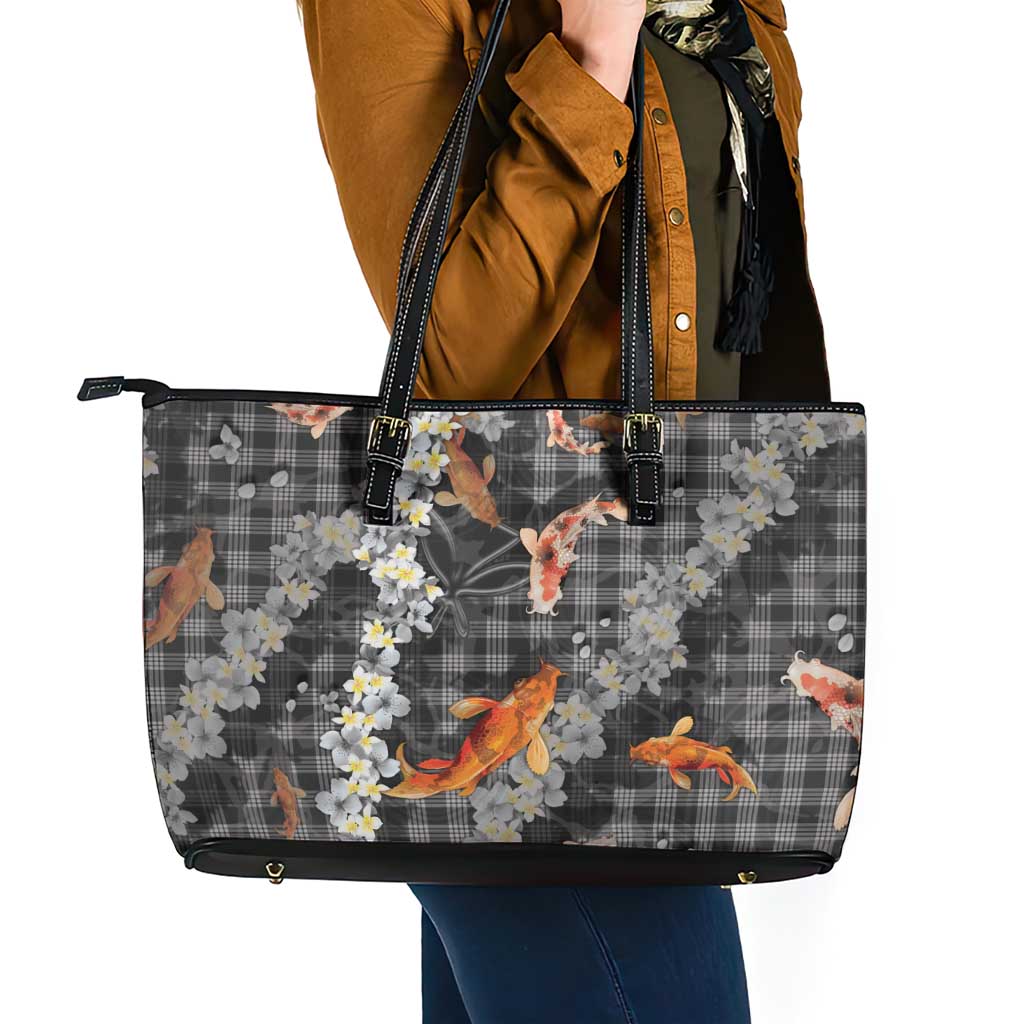 Black Palaka Hawaiian And Japanese Leather Tote Bag Sakura Lei With Koi Fish DT05 - Polynesian Pride