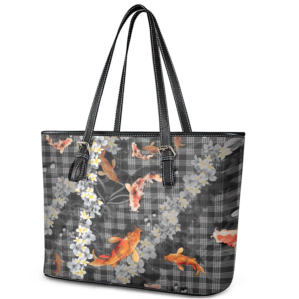Black Palaka Hawaiian And Japanese Leather Tote Bag Sakura Lei With Koi Fish DT05 - Polynesian Pride