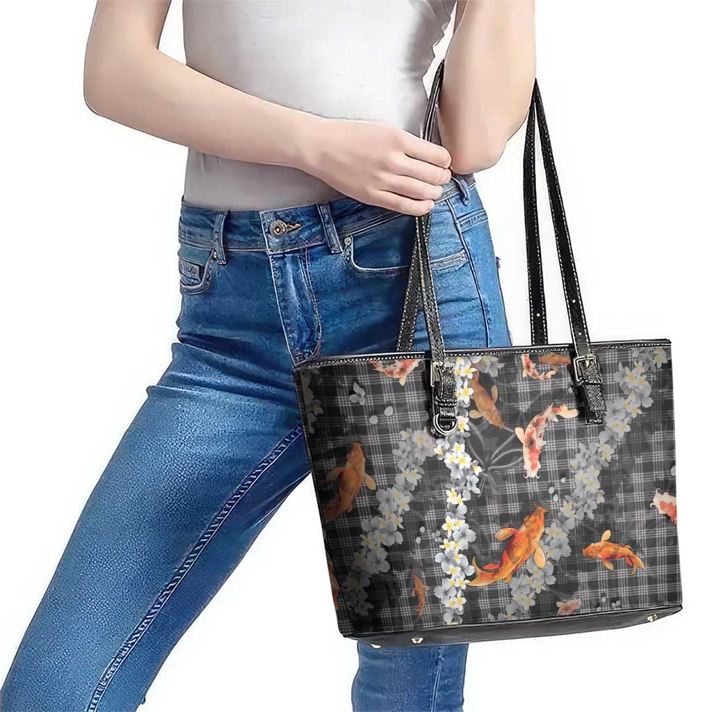 Black Palaka Hawaiian And Japanese Leather Tote Bag Sakura Lei With Koi Fish DT05 - Polynesian Pride