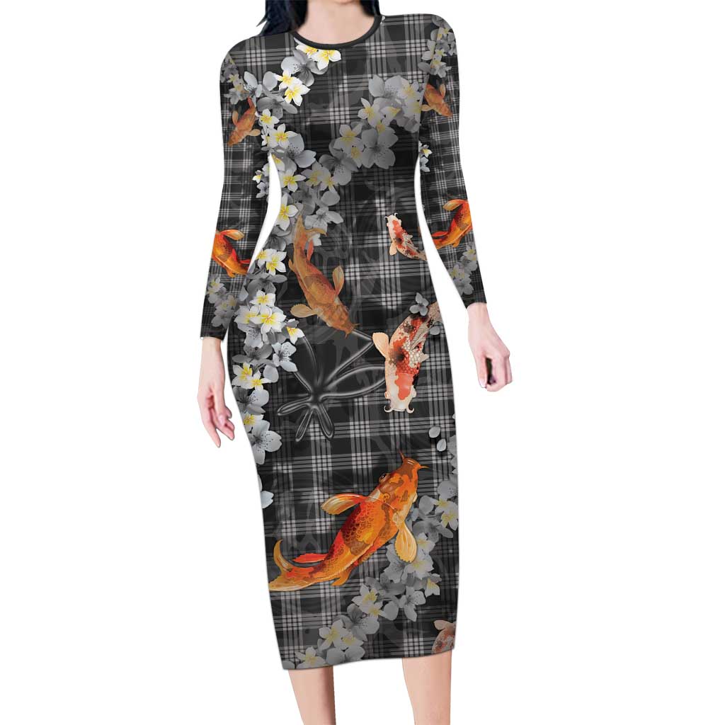 Black Palaka Hawaiian And Japanese Long Sleeve Bodycon Dress Sakura Lei With Koi Fish - Polynesian Pride