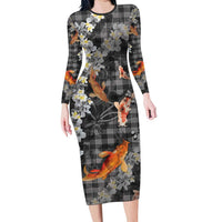 Black Palaka Hawaiian And Japanese Long Sleeve Bodycon Dress Sakura Lei With Koi Fish - Polynesian Pride