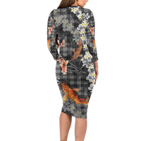 Black Palaka Hawaiian And Japanese Long Sleeve Bodycon Dress Sakura Lei With Koi Fish - Polynesian Pride