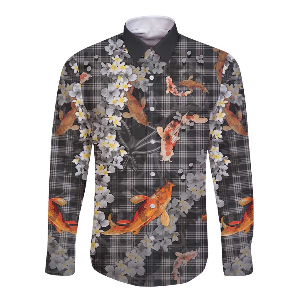 Black Palaka Hawaiian And Japanese Long Sleeve Button Shirt Sakura Lei With Koi Fish DT05 Unisex Black - Polynesian Pride