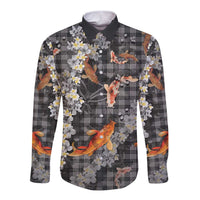 Black Palaka Hawaiian And Japanese Long Sleeve Button Shirt Sakura Lei With Koi Fish DT05 Unisex Black - Polynesian Pride
