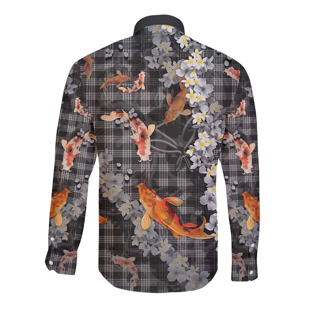 Black Palaka Hawaiian And Japanese Long Sleeve Button Shirt Sakura Lei With Koi Fish DT05 - Polynesian Pride