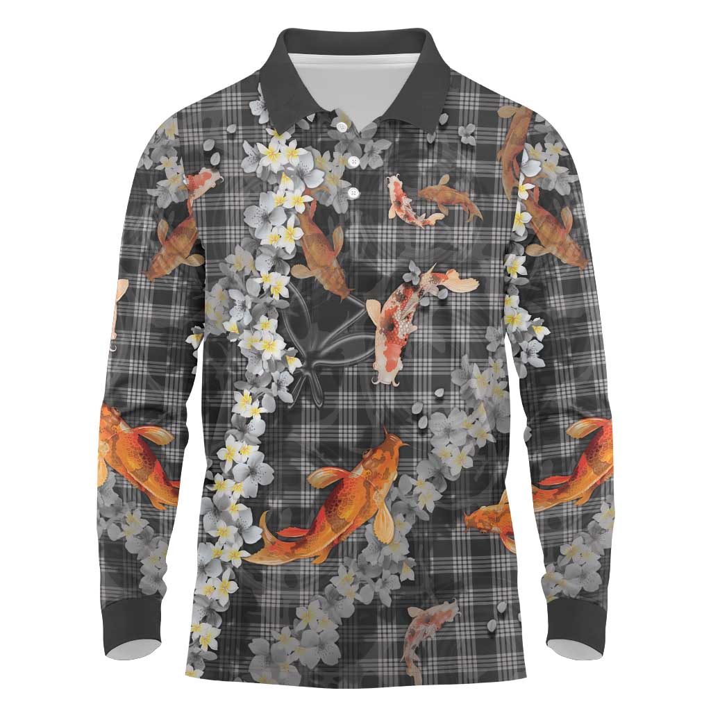 Black Palaka Hawaiian And Japanese Long Sleeve Polo Shirt Sakura Lei With Koi Fish DT05 Black - Polynesian Pride