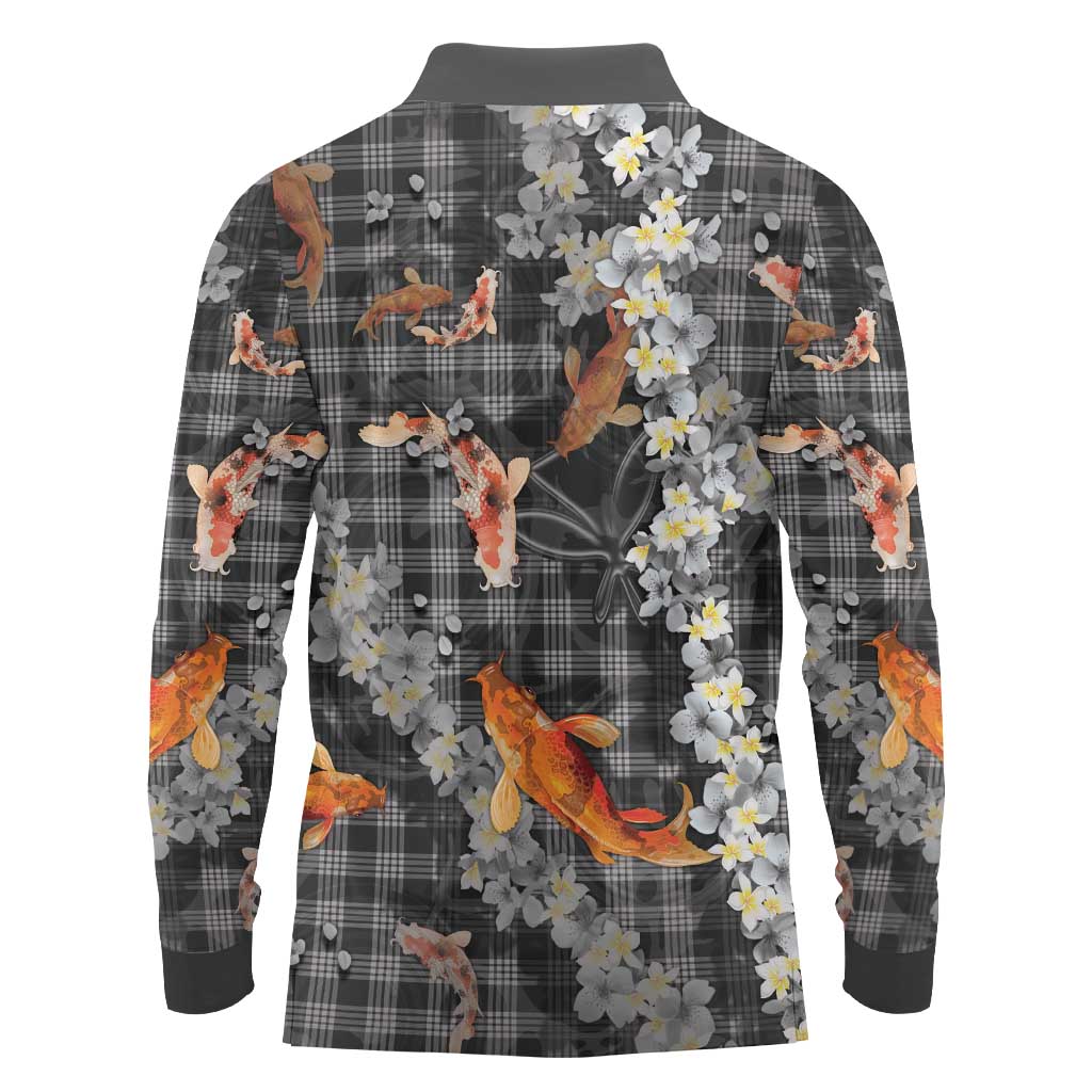 Black Palaka Hawaiian And Japanese Long Sleeve Polo Shirt Sakura Lei With Koi Fish DT05 - Polynesian Pride