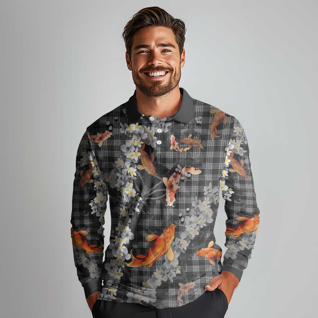 Black Palaka Hawaiian And Japanese Long Sleeve Polo Shirt Sakura Lei With Koi Fish DT05 - Polynesian Pride