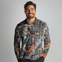 Black Palaka Hawaiian And Japanese Long Sleeve Polo Shirt Sakura Lei With Koi Fish DT05 - Polynesian Pride