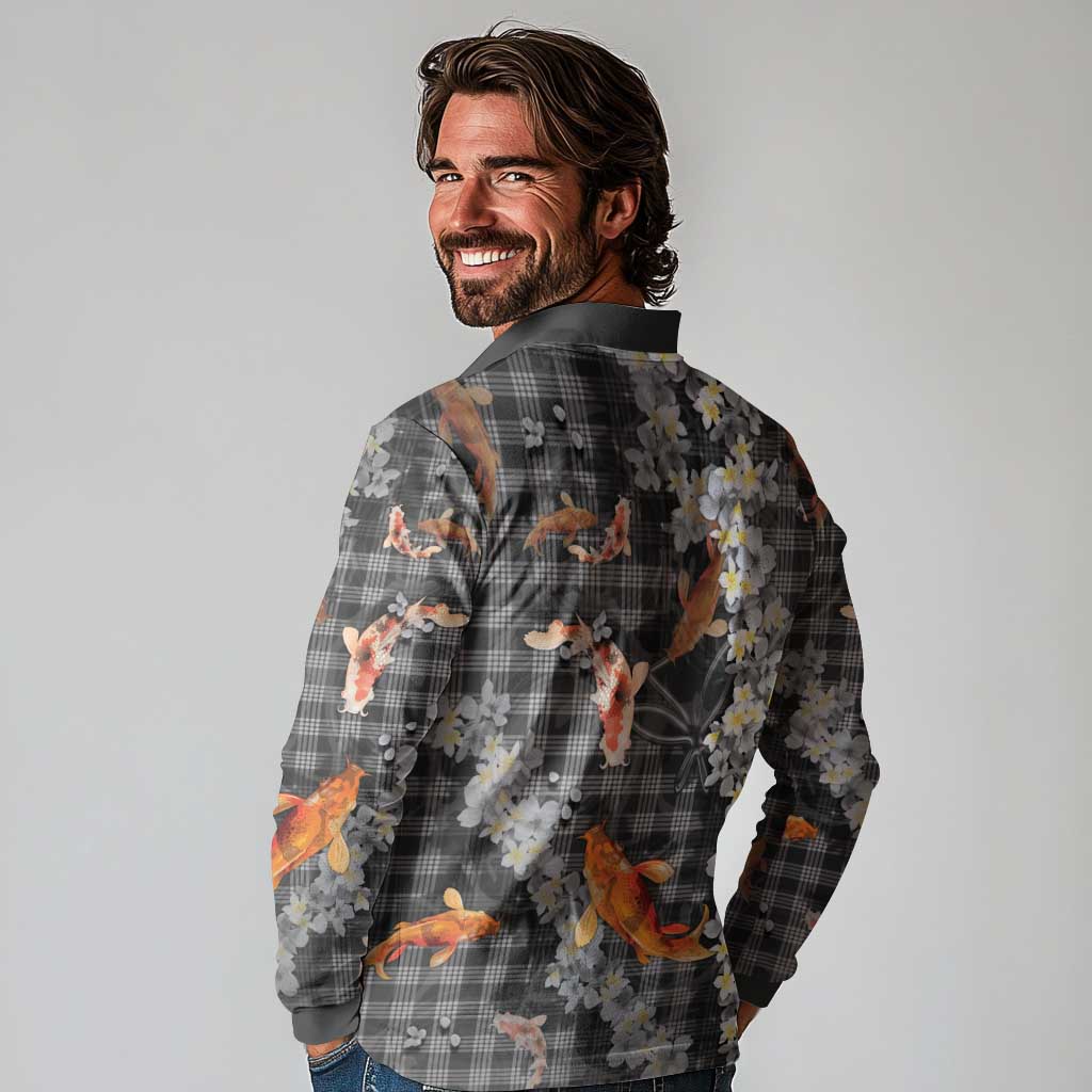 Black Palaka Hawaiian And Japanese Long Sleeve Polo Shirt Sakura Lei With Koi Fish DT05 - Polynesian Pride