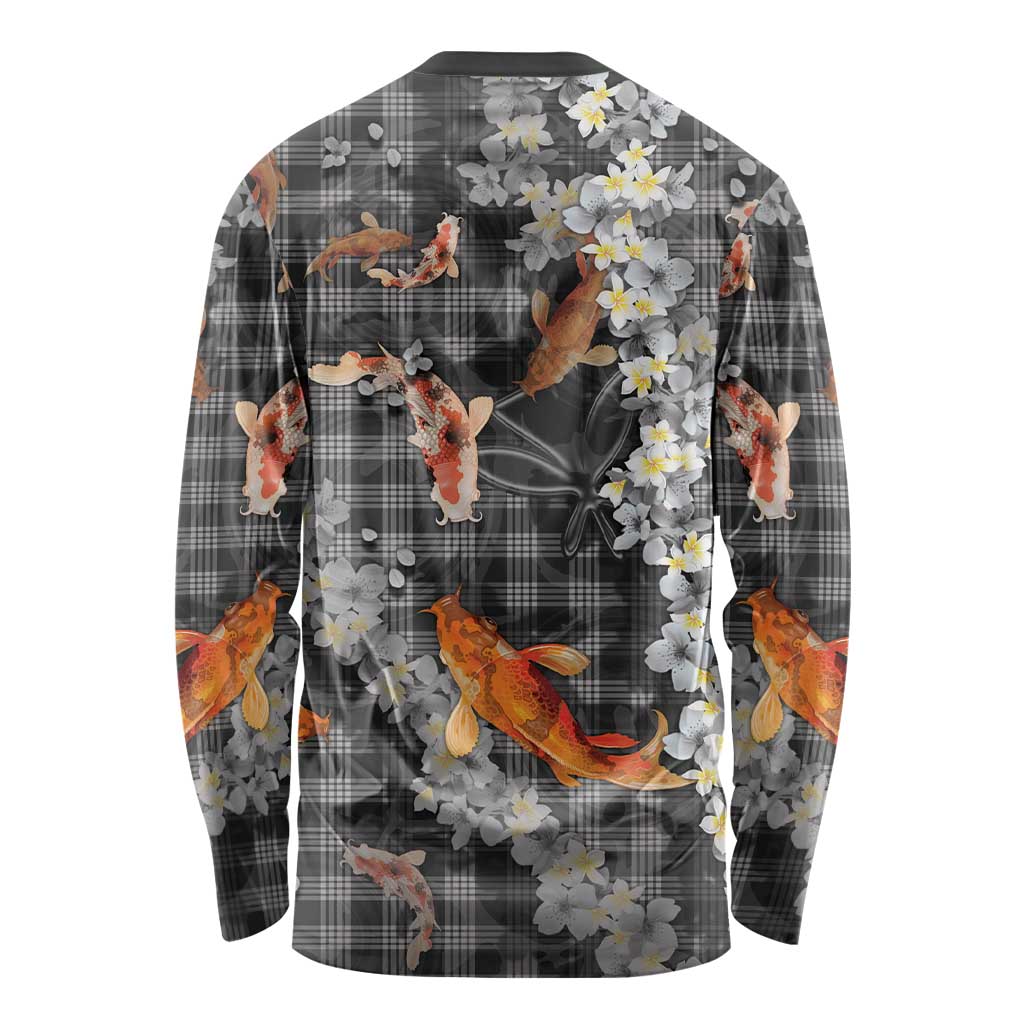 Black Palaka Hawaiian And Japanese Long Sleeve Shirt Sakura Lei With Koi Fish DT05 - Polynesian Pride