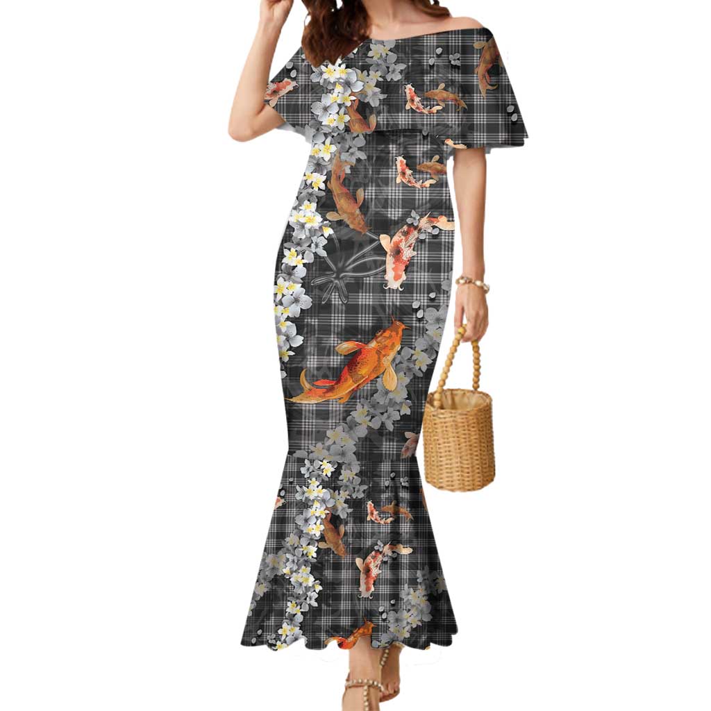 Black Palaka Hawaiian And Japanese Mermaid Dress Sakura Lei With Koi Fish - Polynesian Pride