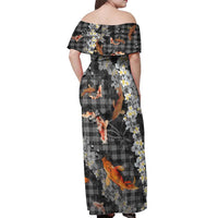 Black Palaka Hawaiian And Japanese Off Shoulder Maxi Dress Sakura Lei With Koi Fish - Polynesian Pride