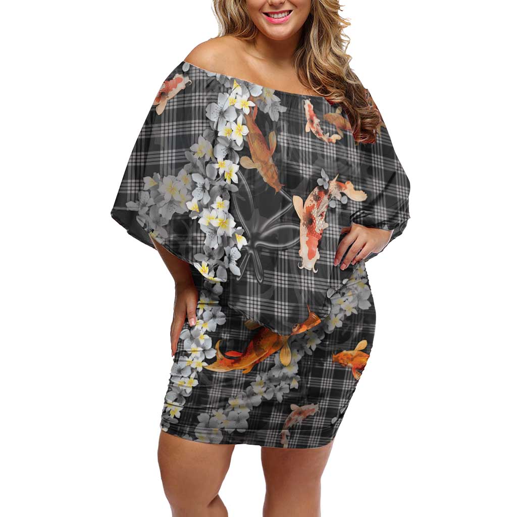 Black Palaka Hawaiian And Japanese Off Shoulder Short Dress Sakura Lei With Koi Fish - Polynesian Pride