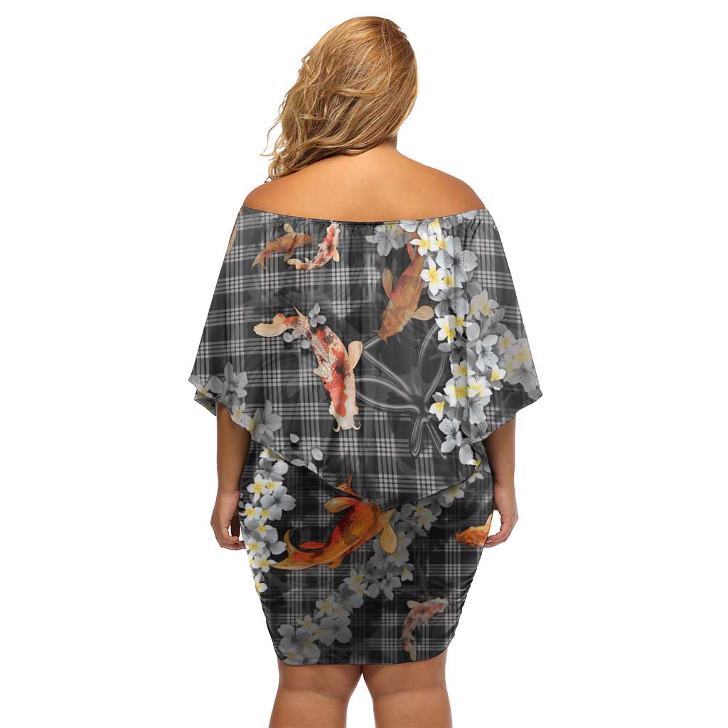 Black Palaka Hawaiian And Japanese Off Shoulder Short Dress Sakura Lei With Koi Fish - Polynesian Pride