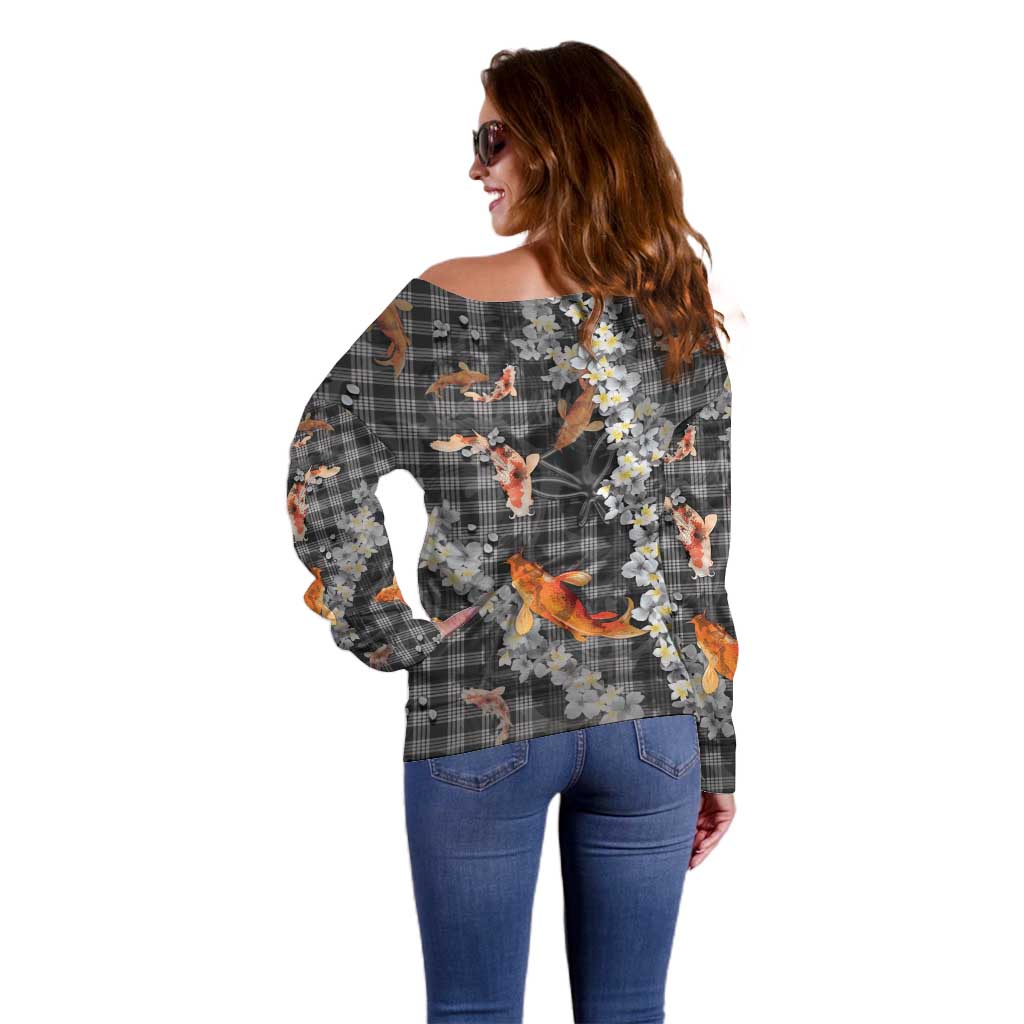 Black Palaka Hawaiian And Japanese Off Shoulder Sweater Sakura Lei With Koi Fish - Polynesian Pride
