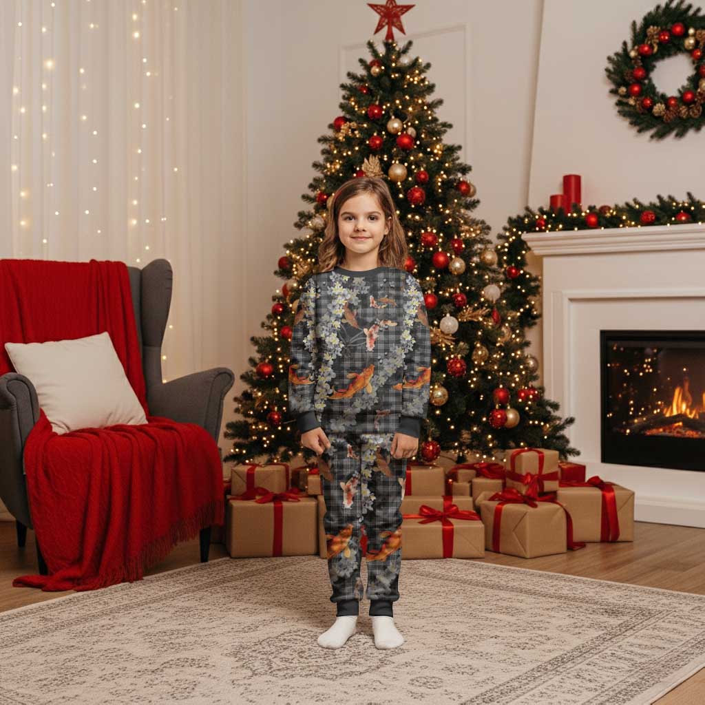 Black Palaka Hawaiian And Japanese Christmas Pajama Set Sakura Lei With Koi Fish - Polynesian Pride