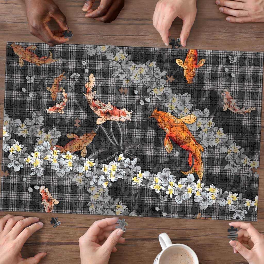 Black Palaka Hawaiian And Japanese Puzzle Sakura Lei With Koi Fish DT05 - Polynesian Pride