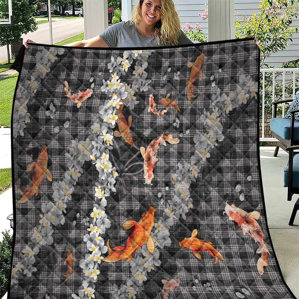 Black Palaka Hawaiian And Japanese Quilt Sakura Lei With Koi Fish - Polynesian Pride