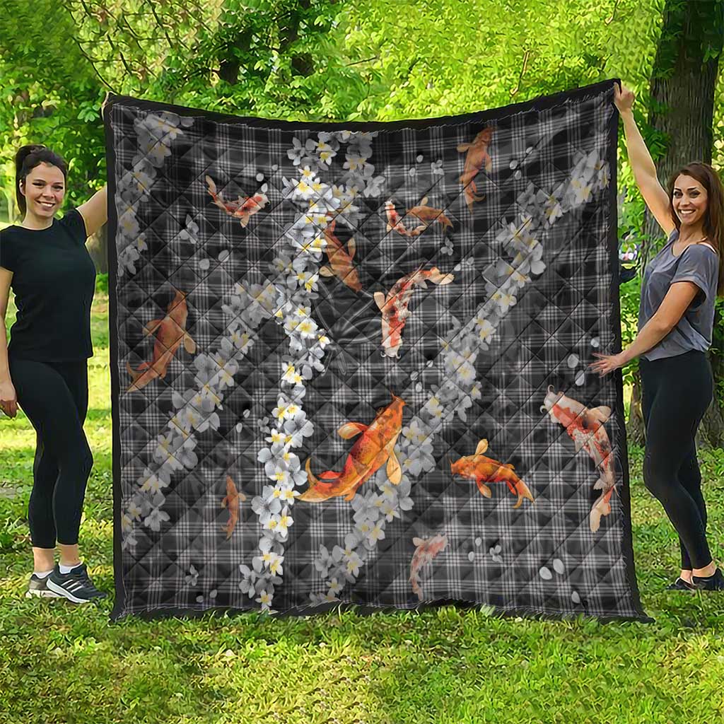 Black Palaka Hawaiian And Japanese Quilt Sakura Lei With Koi Fish - Polynesian Pride