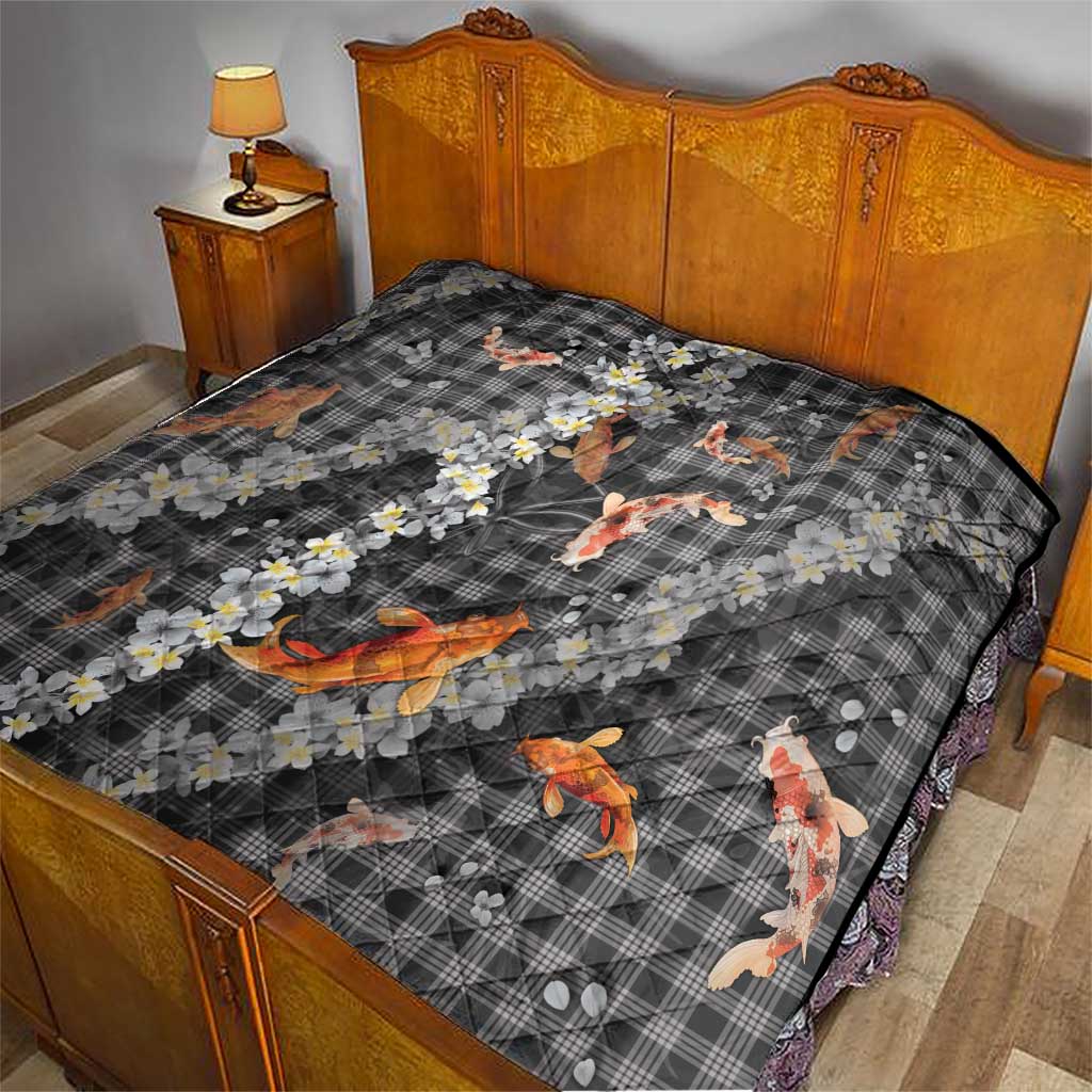 Black Palaka Hawaiian And Japanese Quilt Sakura Lei With Koi Fish - Polynesian Pride