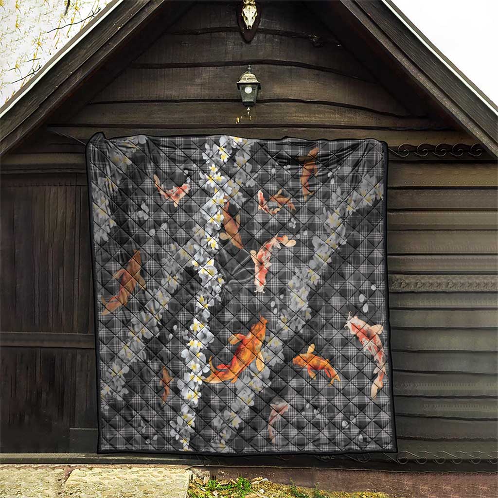 Black Palaka Hawaiian And Japanese Quilt Sakura Lei With Koi Fish - Polynesian Pride